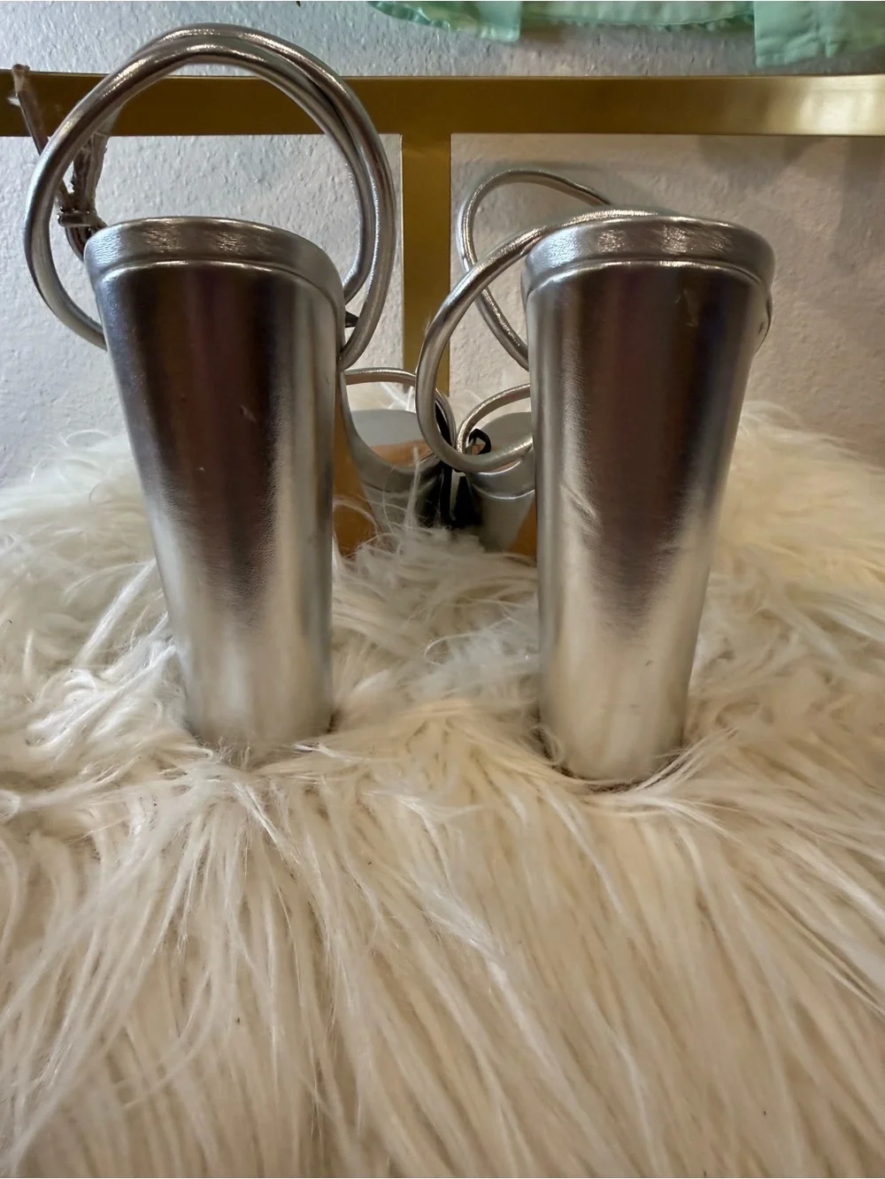 Express Silver Metallic Double-Ankle Block Heel Sandals Size 7